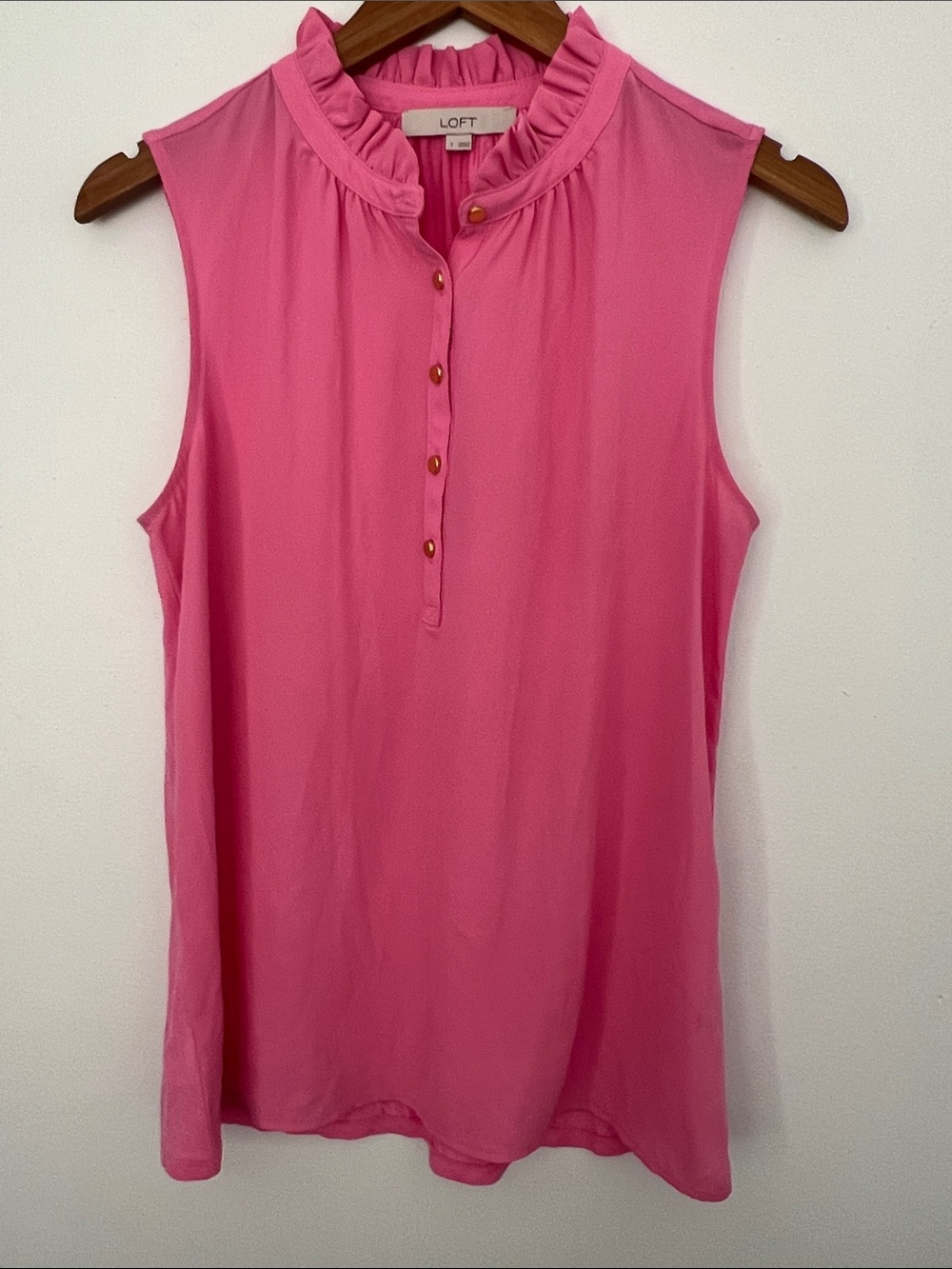 LOFT Pink Sleeveless Ruffle-Neck Button-Front Shell